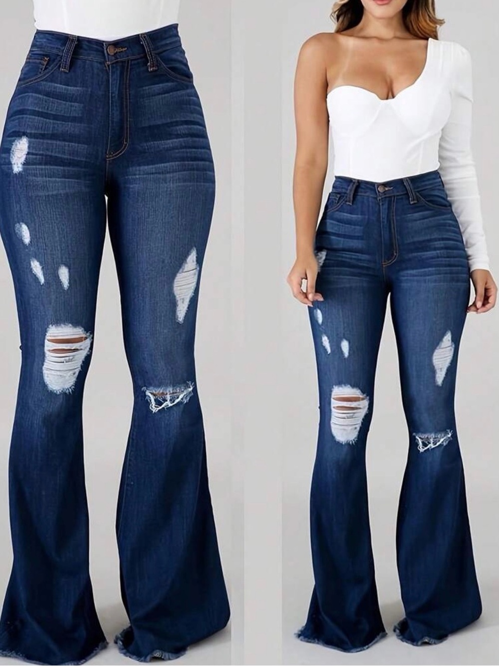 High-Waist Distressed Flare Jeans - Dark Blue